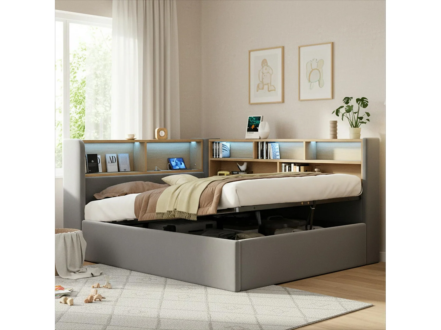 Lit coffre hydraulique pour enfant - 140 x 200 cm - canapé-lit rembourré avec étagère + Leds + USB - velours - gris