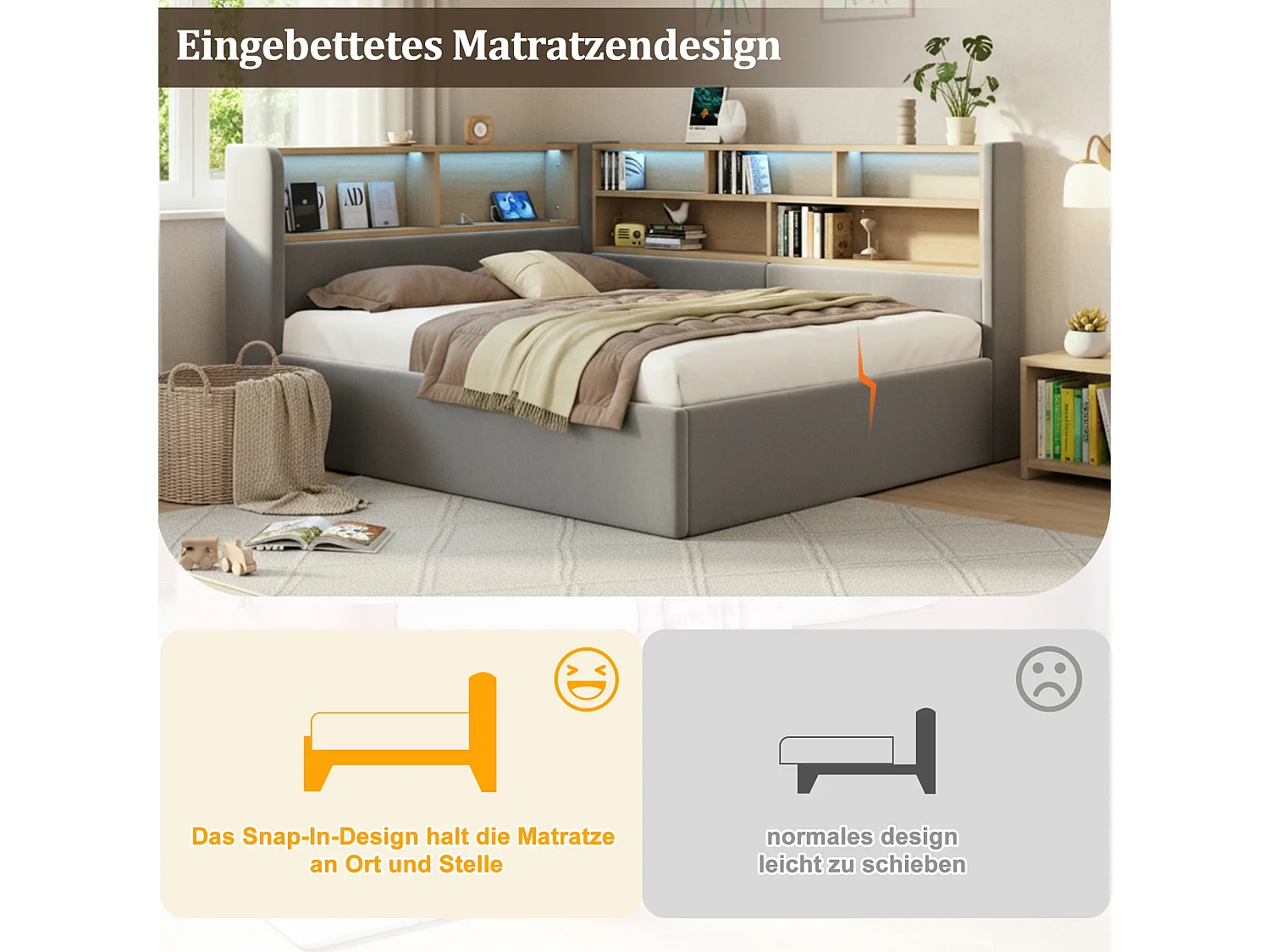 Lit coffre hydraulique pour enfant - 140 x 200 cm - canapé-lit rembourré avec étagère + Leds + USB - velours - gris