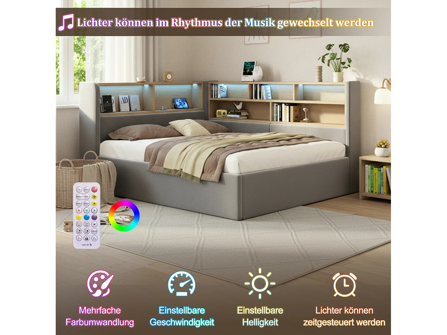 Lit coffre hydraulique pour enfant - 140 x 200 cm - canapé-lit rembourré avec étagère + Leds + USB - velours - gris