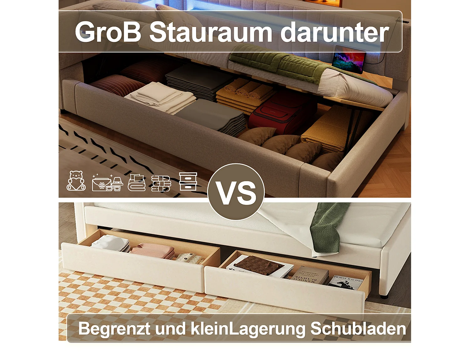 Lit coffre rembourré - 90 x 200 cm - avec Leds + USB + Type-C + hydraulique rangement - lin + MDF - beige