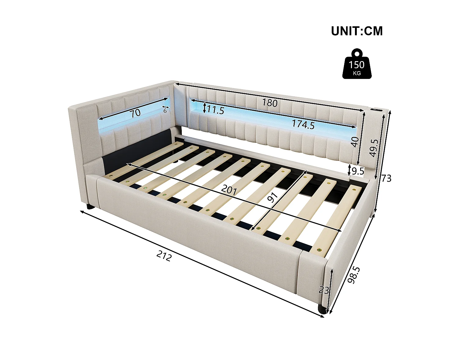 Lit coffre rembourré - 90 x 200 cm - avec Leds + USB + Type-C + hydraulique rangement - lin + MDF - beige
