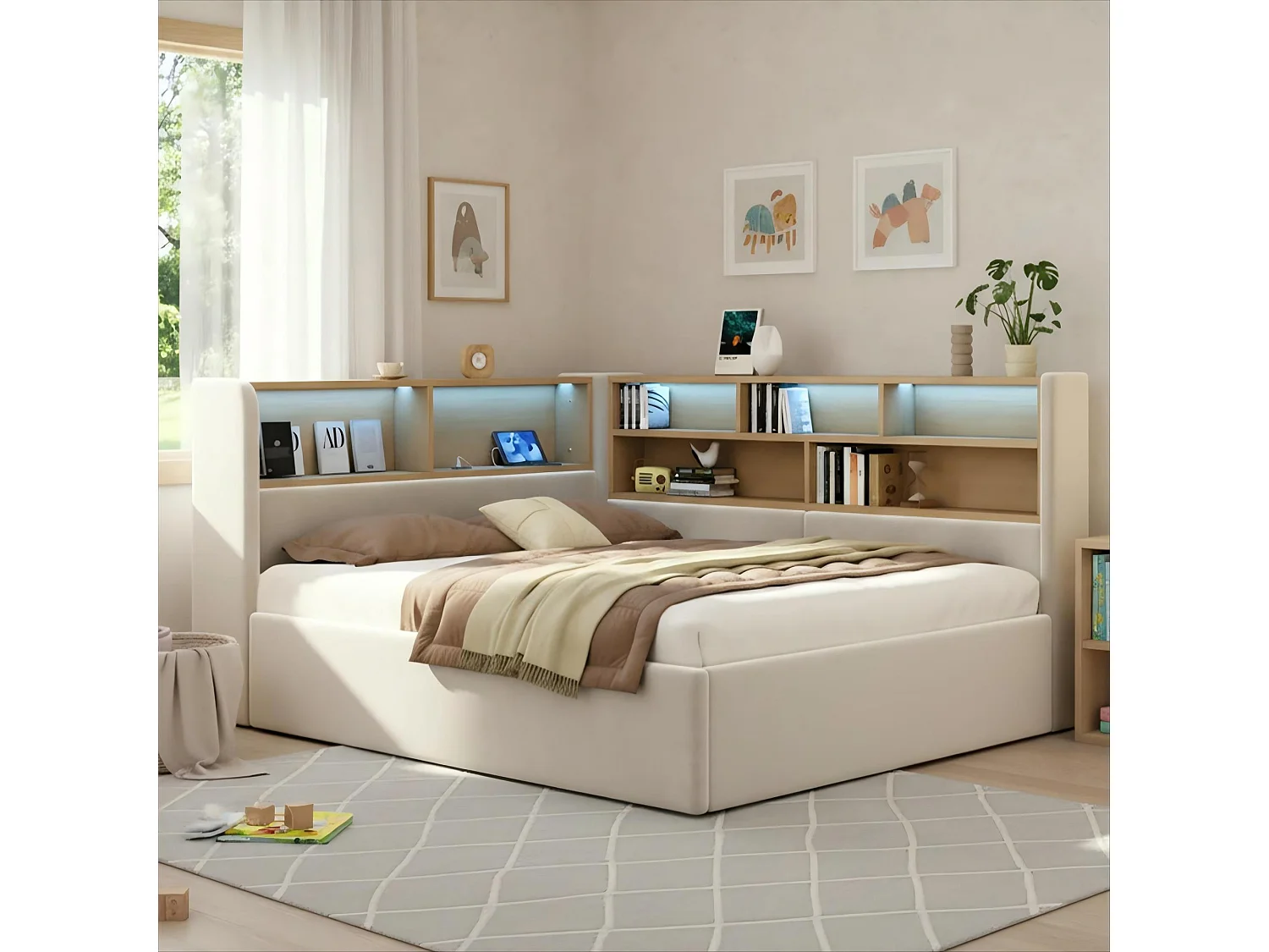 Lit coffre hydraulique pour enfant - 140 x 190 cm - canapé-lit rembourré avec étagère + Leds + USB - velours - beige