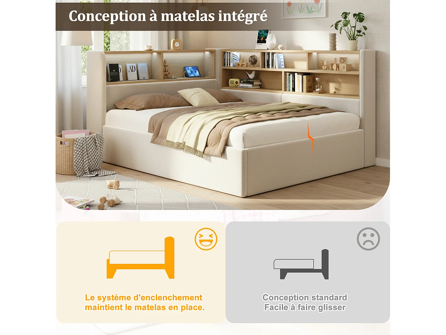 Lit coffre hydraulique pour enfant - 140 x 190 cm - canapé-lit rembourré avec étagère + Leds + USB - velours - beige