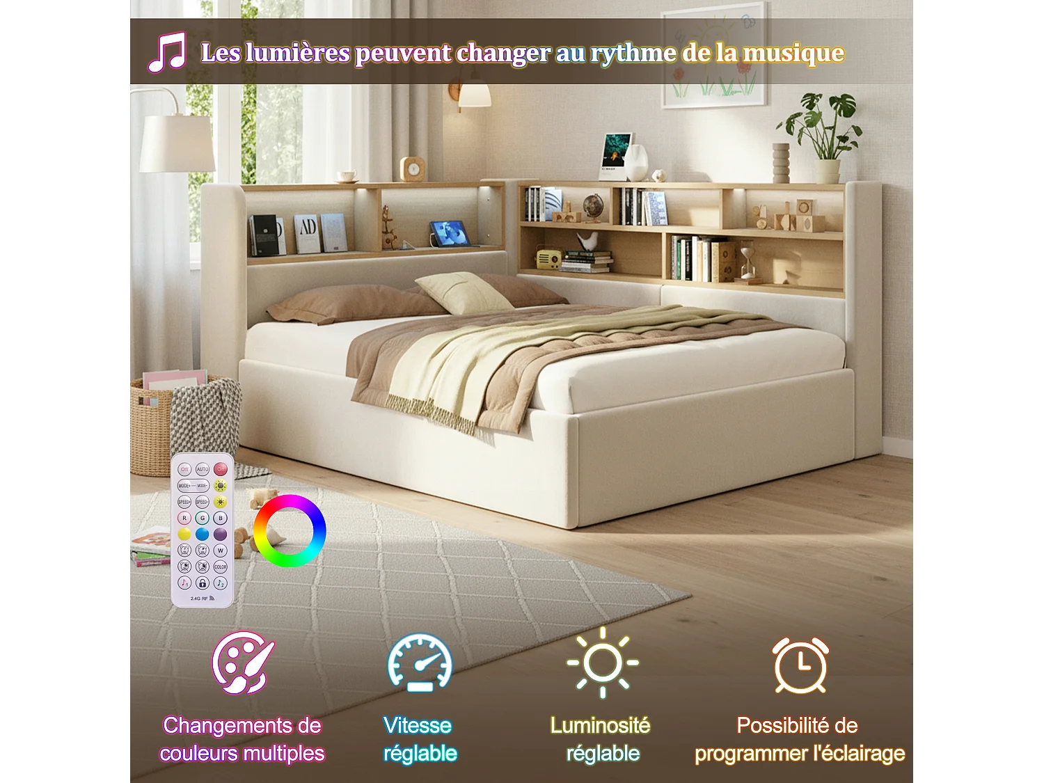 Lit coffre hydraulique pour enfant - 140 x 190 cm - canapé-lit rembourré avec étagère + Leds + USB - velours - beige