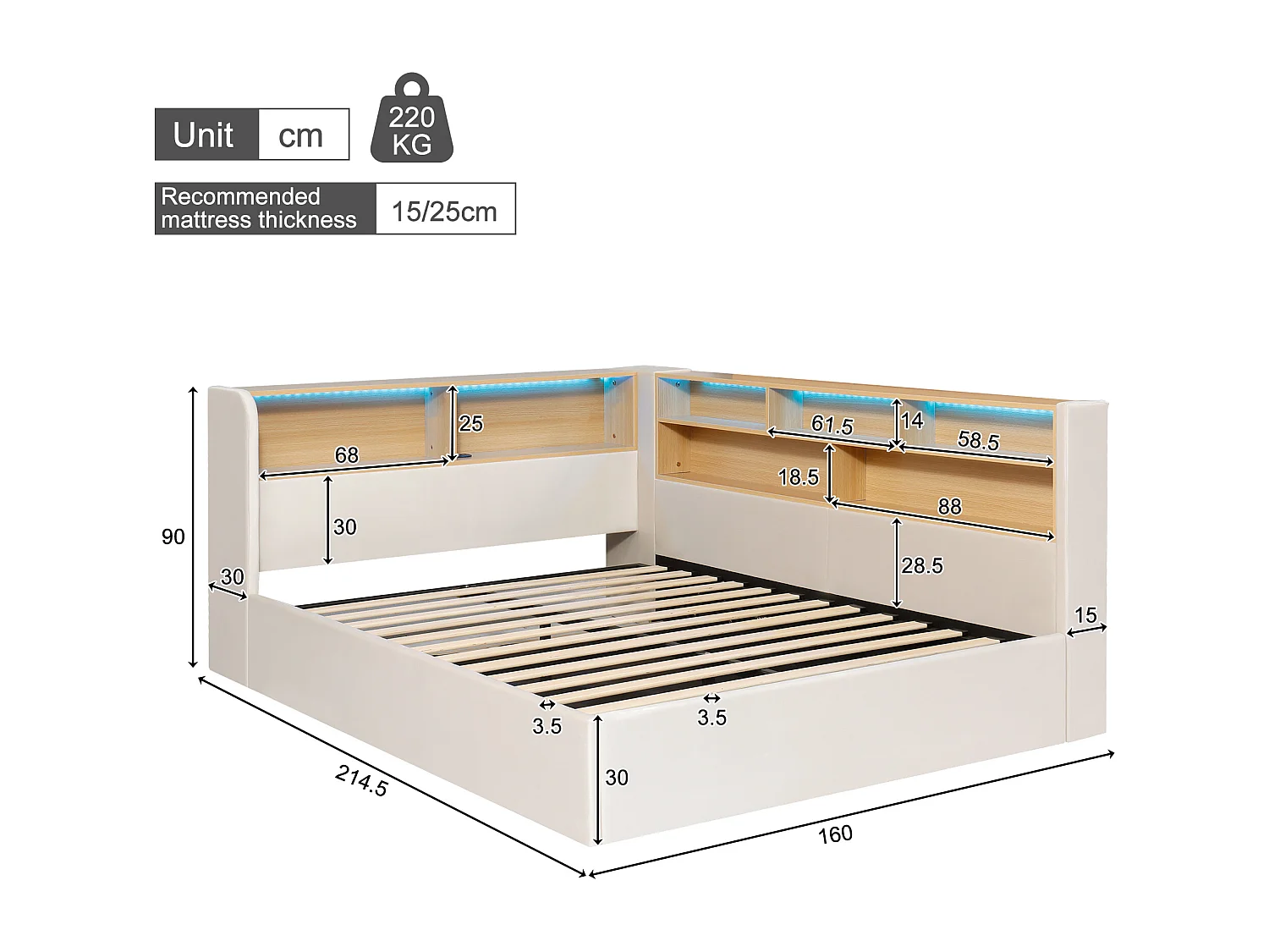 Lit coffre hydraulique pour enfant - 140 x 190 cm - canapé-lit rembourré avec étagère + Leds + USB - velours - beige