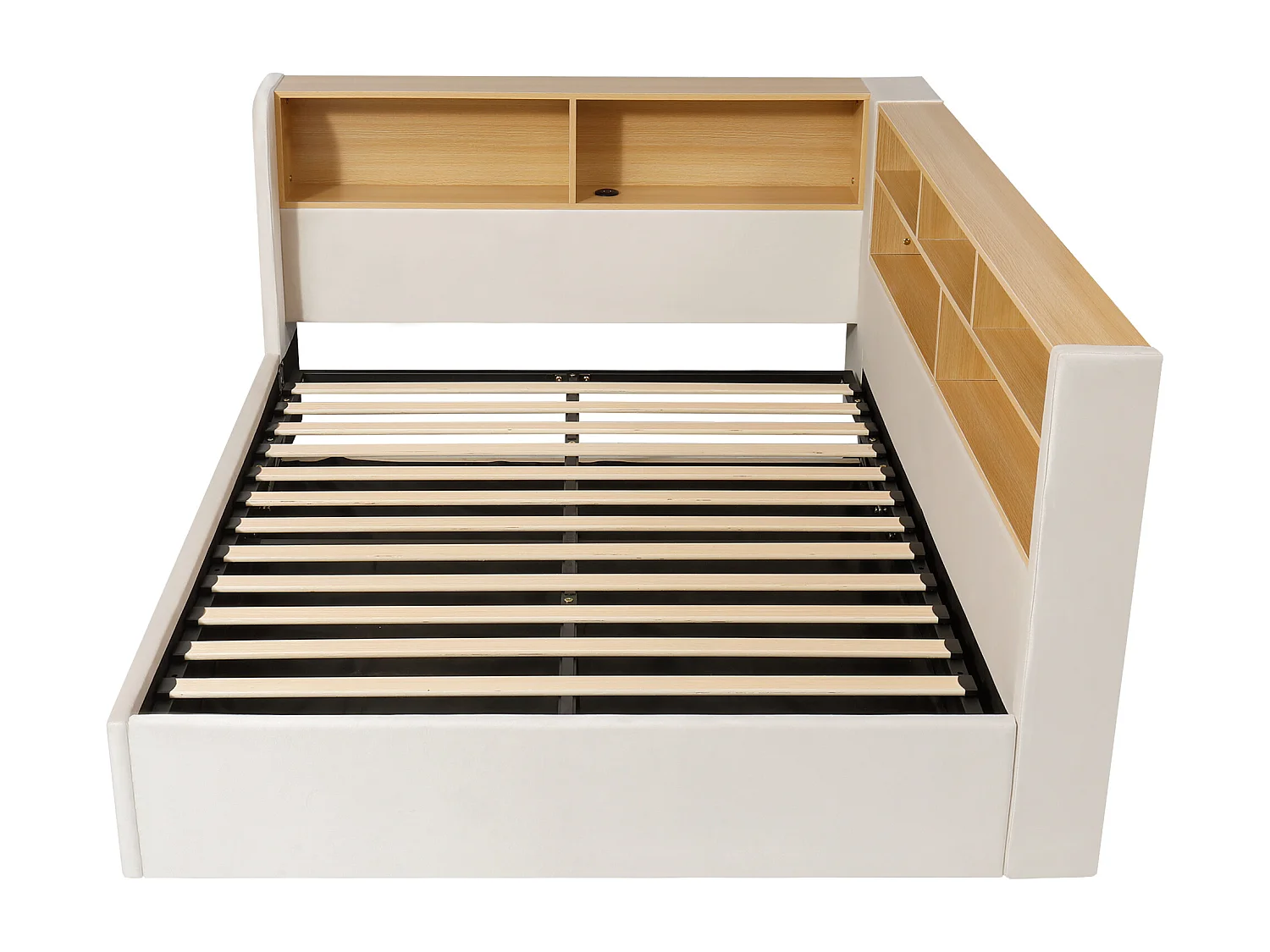 Lit coffre hydraulique pour enfant - 140 x 190 cm - canapé-lit rembourré avec étagère + Leds + USB - velours - beige