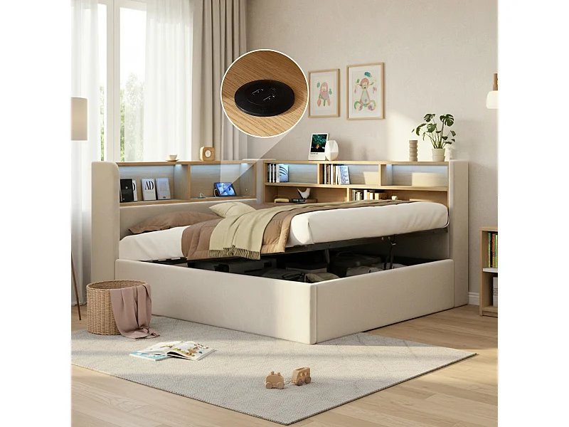Lit coffre hydraulique pour enfant - 140 x 190 cm - canapé-lit rembourré avec étagère + Leds + USB - velours - beige