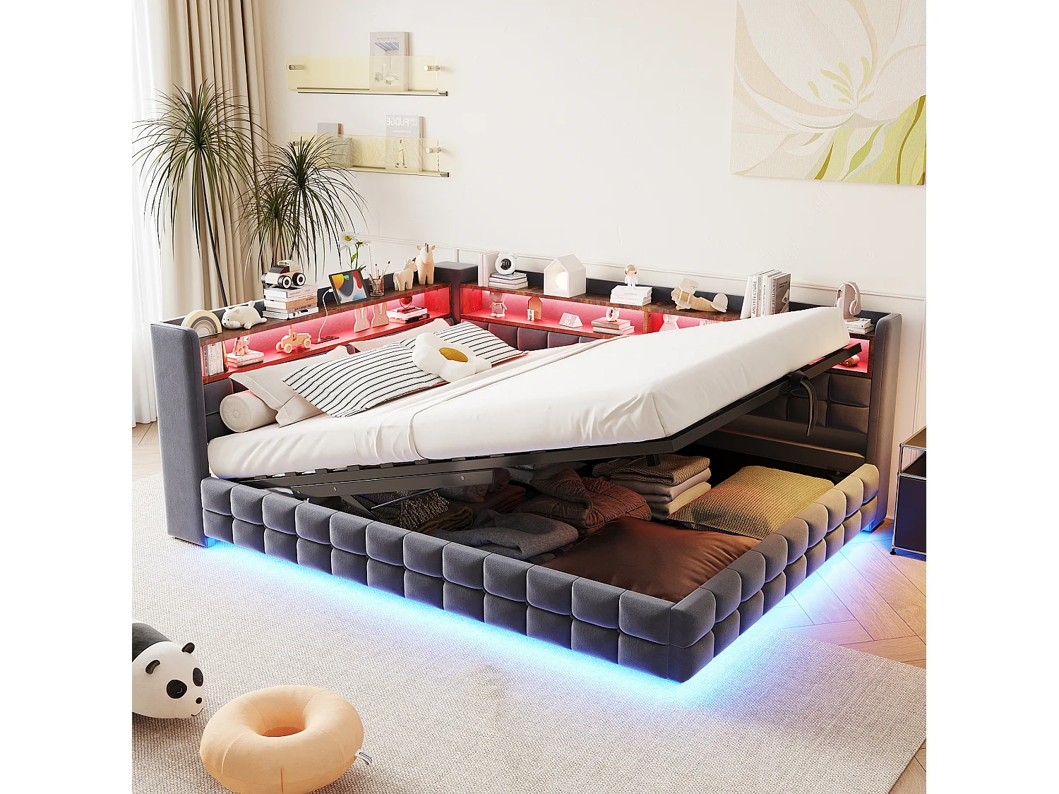 Lit coffre pour enfant - 140 x 200 cm - canapé-lit rembourré avec rangement hydraulique + étagère + Leds - velours - gris