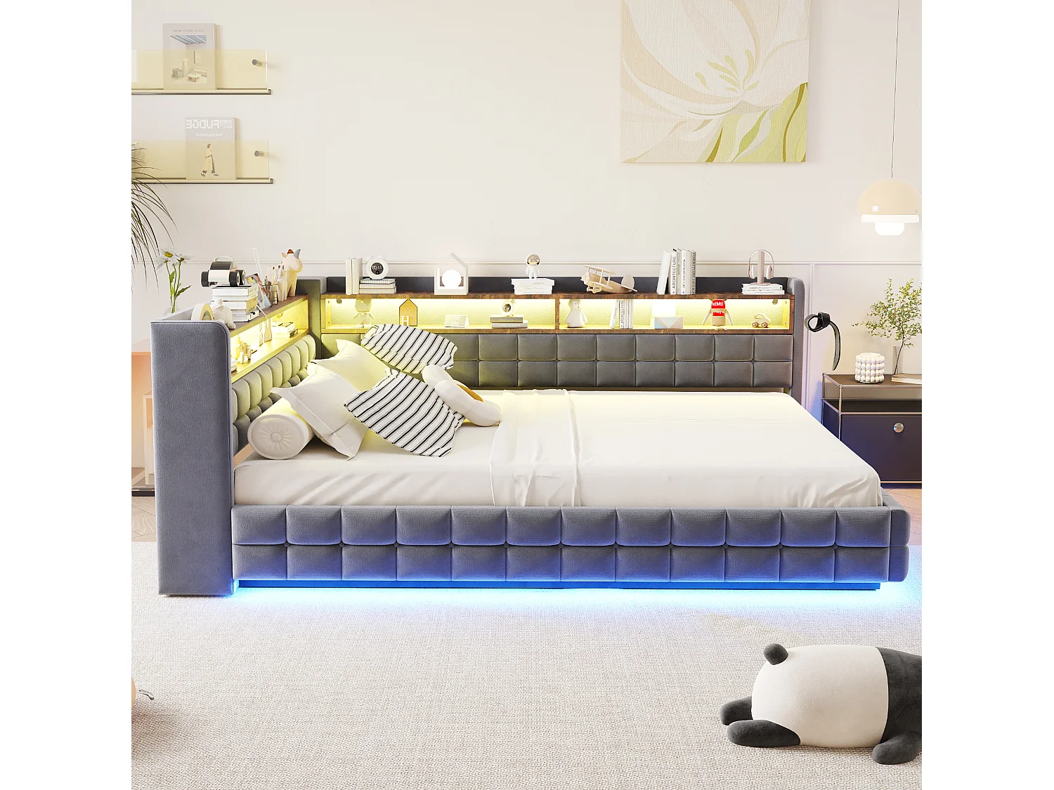 Lit coffre pour enfant - 140 x 200 cm - canapé-lit rembourré avec rangement hydraulique + étagère + Leds - velours - gris