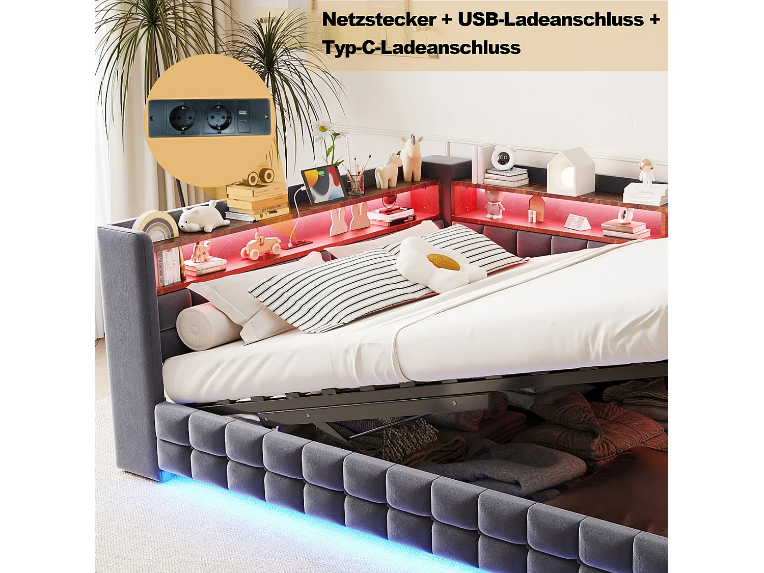 Lit coffre pour enfant - 140 x 200 cm - canapé-lit rembourré avec rangement hydraulique + étagère + Leds - velours - gris