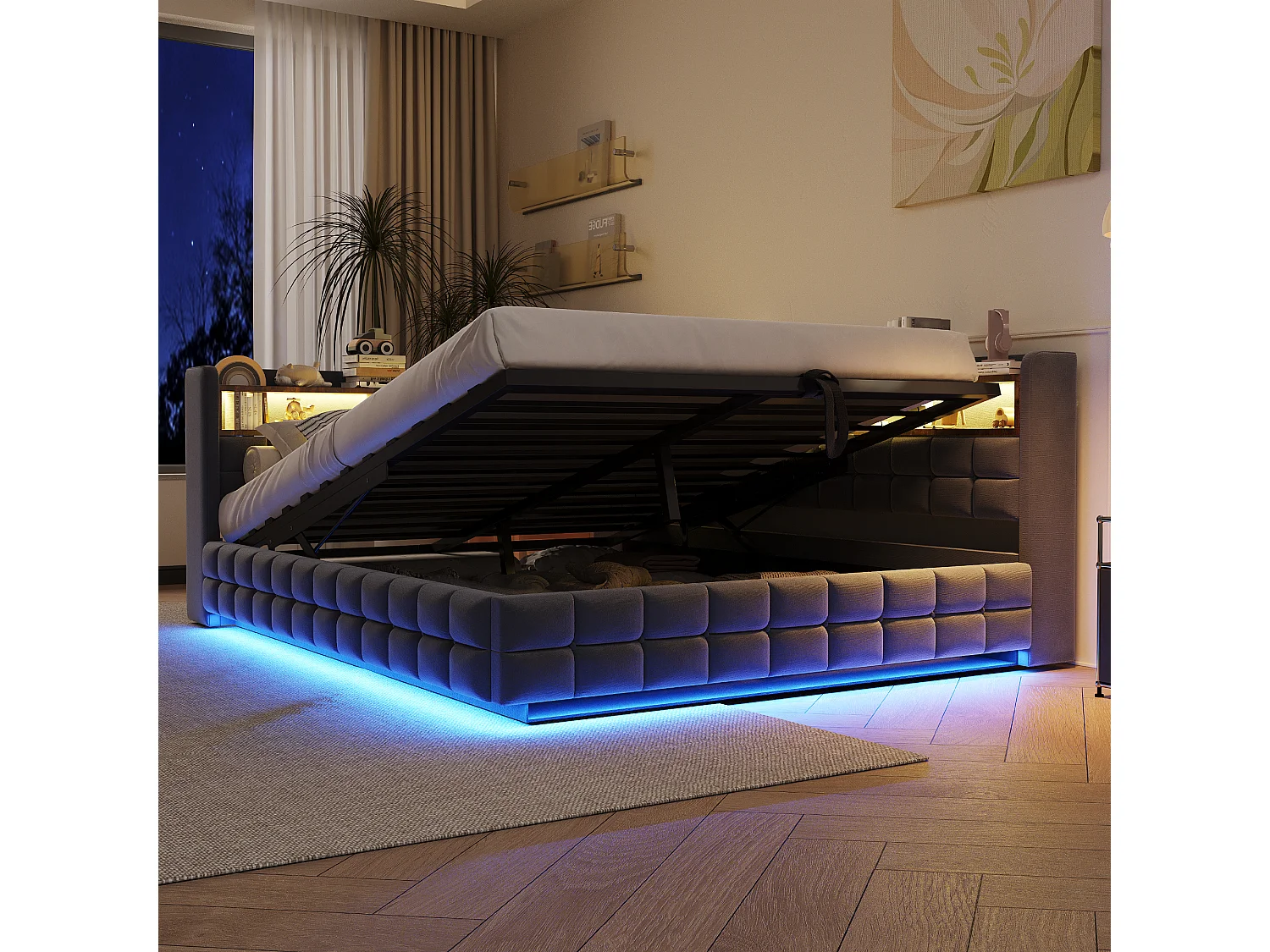 Lit coffre pour enfant - 140 x 200 cm - canapé-lit rembourré avec rangement hydraulique + étagère + Leds - velours - gris