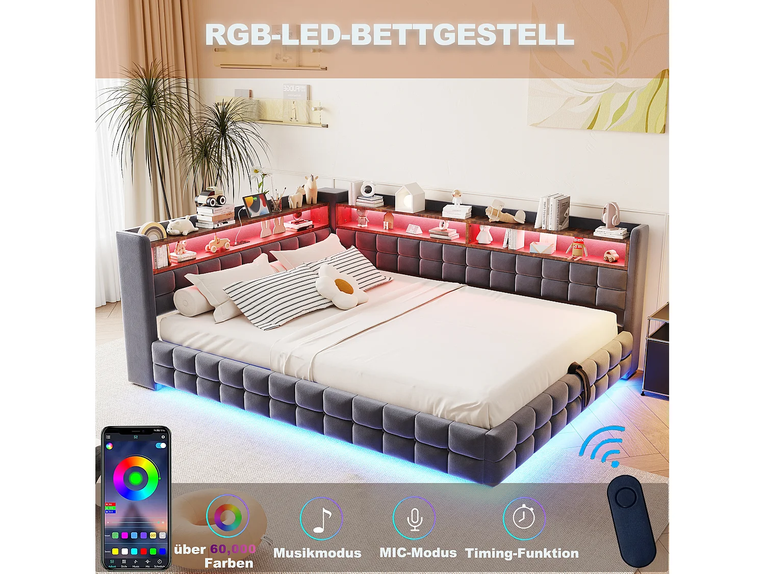 Lit coffre pour enfant - 140 x 200 cm - canapé-lit rembourré avec rangement hydraulique + étagère + Leds - velours - gris