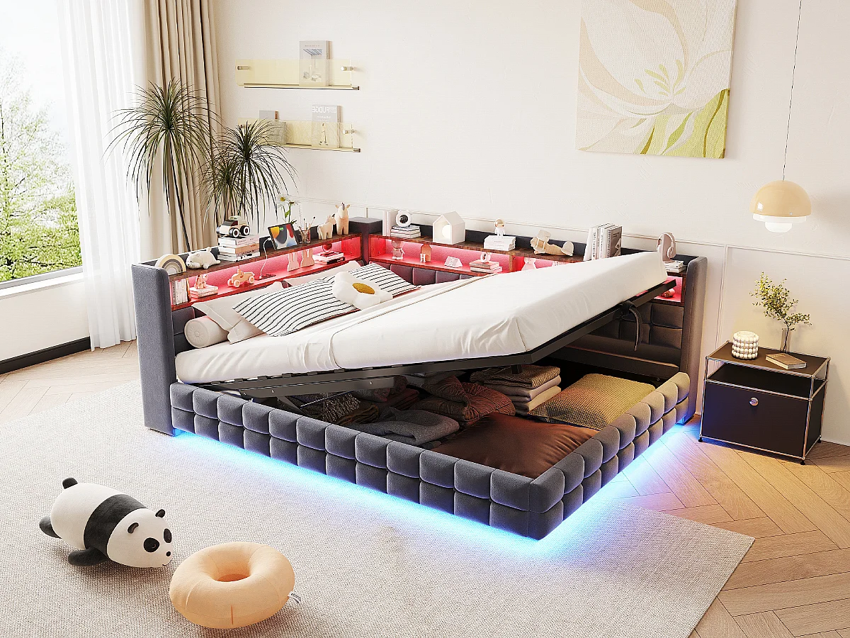 Lit coffre pour enfant - 140 x 200 cm - canapé-lit rembourré avec rangement hydraulique + étagère + Leds - velours - gris