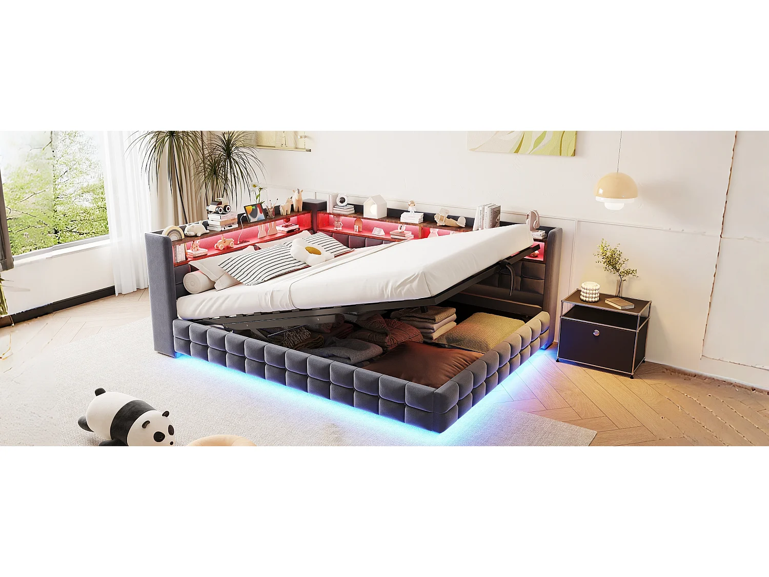 Lit coffre pour enfant - 140 x 200 cm - canapé-lit rembourré avec rangement hydraulique + étagère + Leds - velours - gris