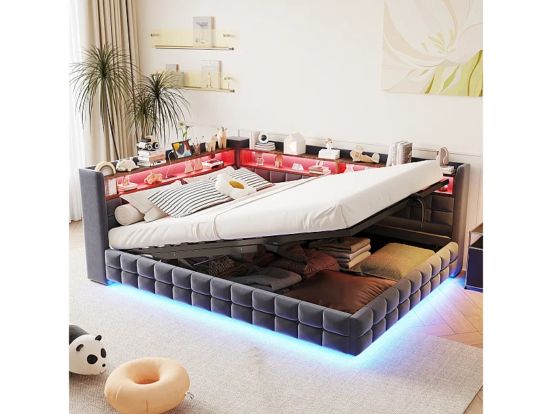 Lit coffre pour enfant - 140 x 200 cm - canapé-lit rembourré avec rangement hydraulique + étagère + Leds - velours - gris