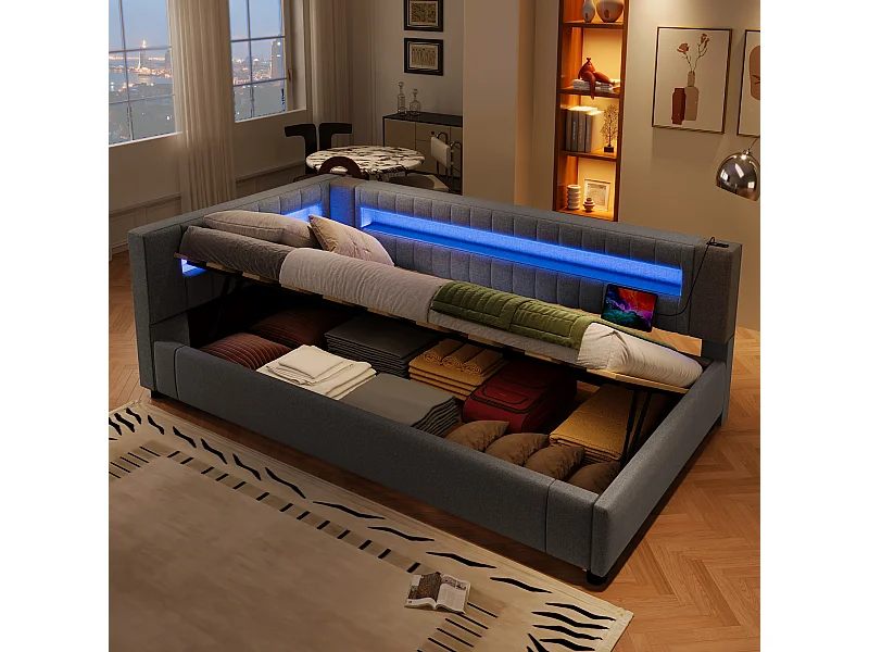 Lit coffre rembourré - 90 x 200 cm - avec Leds + USB + Type-C + hydraulique rangement - lin + MDF - gris