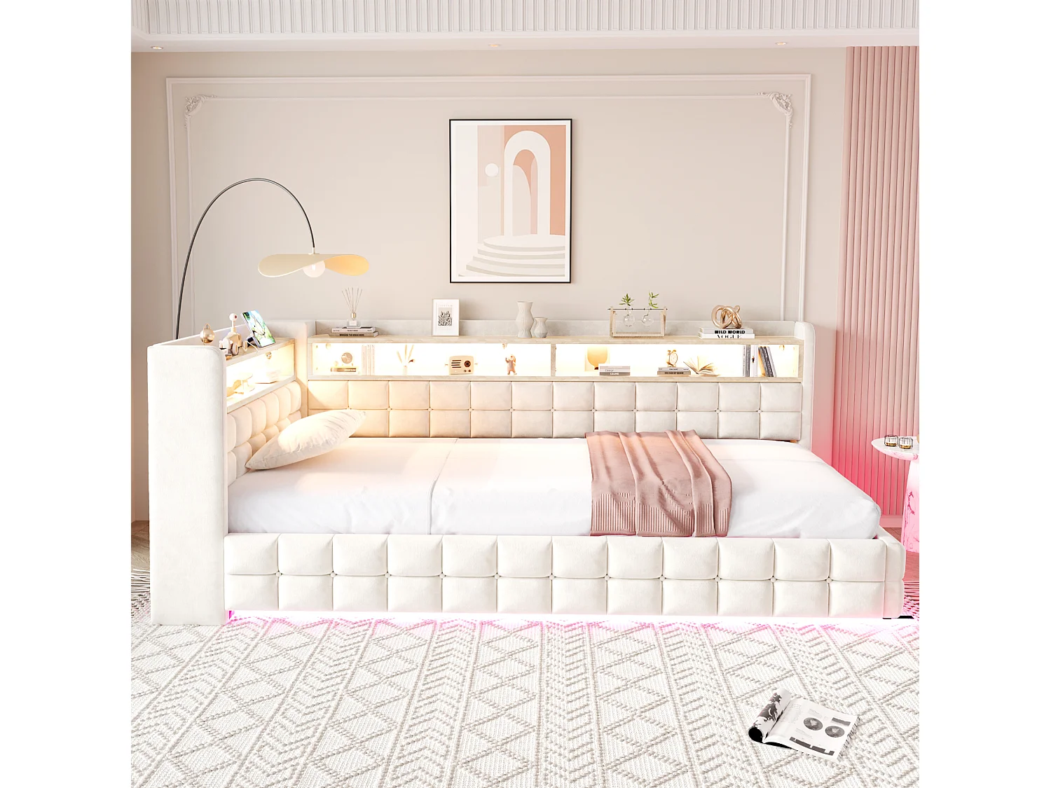 Lit coffre pour enfant - 90 x 200 cm - canapé-lit rembourré avec rangement hydraulique + étagère + Leds - velours - beige