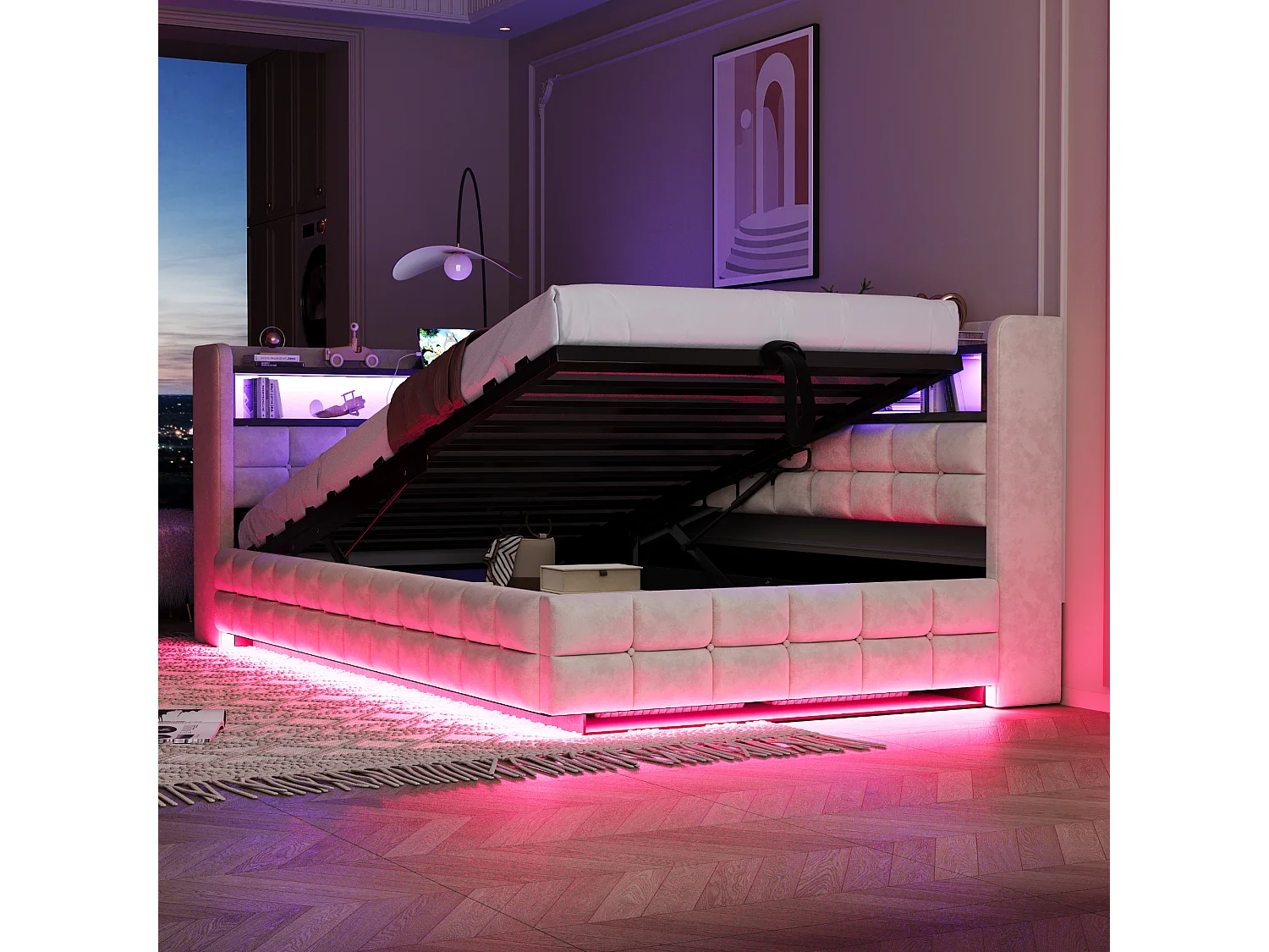 Lit coffre pour enfant - 90 x 200 cm - canapé-lit rembourré avec rangement hydraulique + étagère + Leds - velours - beige