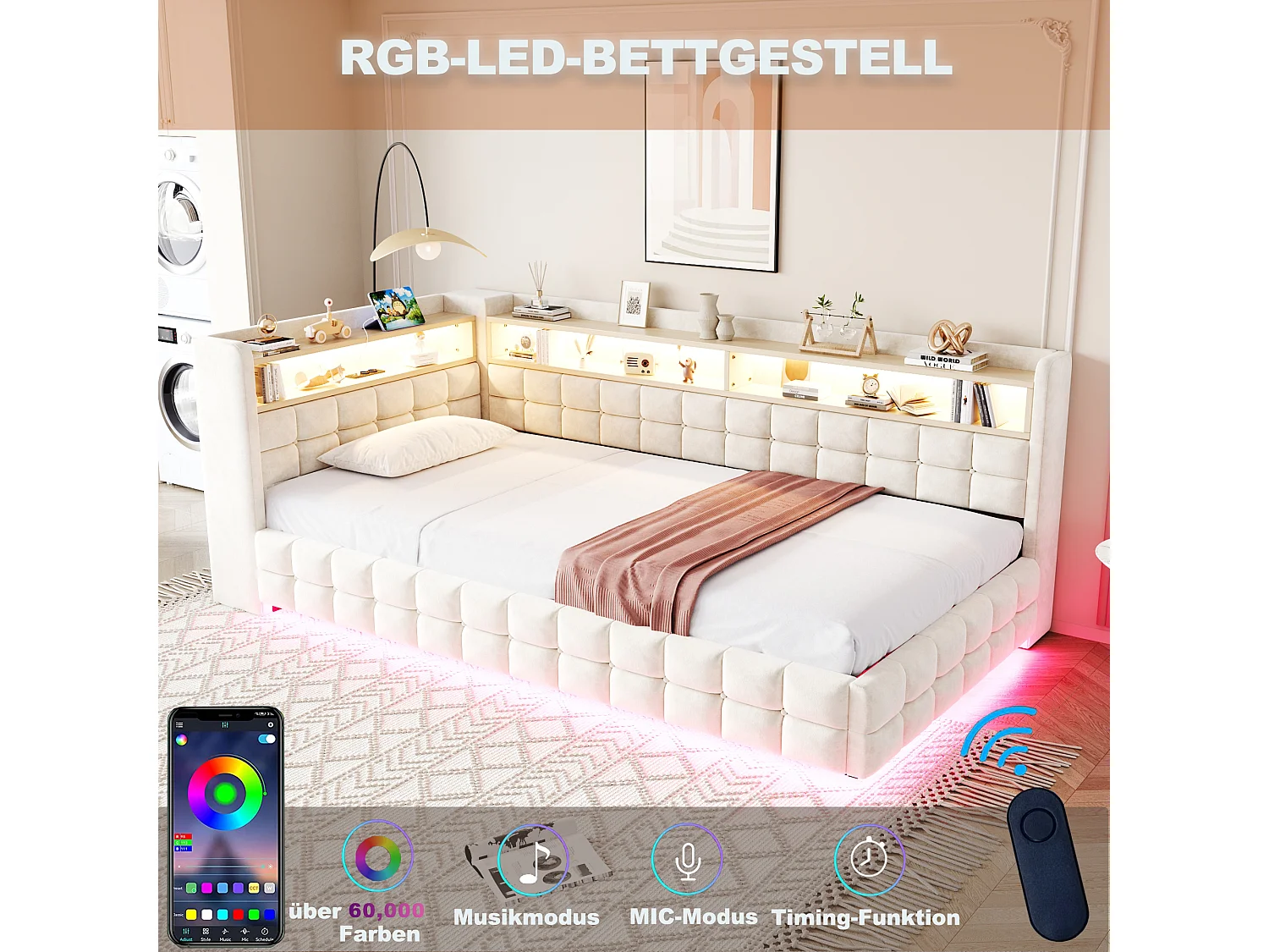 Lit coffre pour enfant - 90 x 200 cm - canapé-lit rembourré avec rangement hydraulique + étagère + Leds - velours - beige