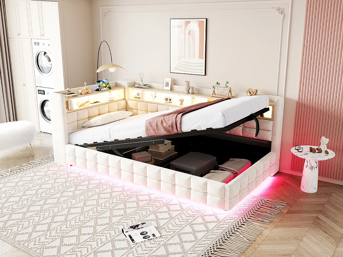 Lit coffre pour enfant - 90 x 200 cm - canapé-lit rembourré avec rangement hydraulique + étagère + Leds - velours - beige