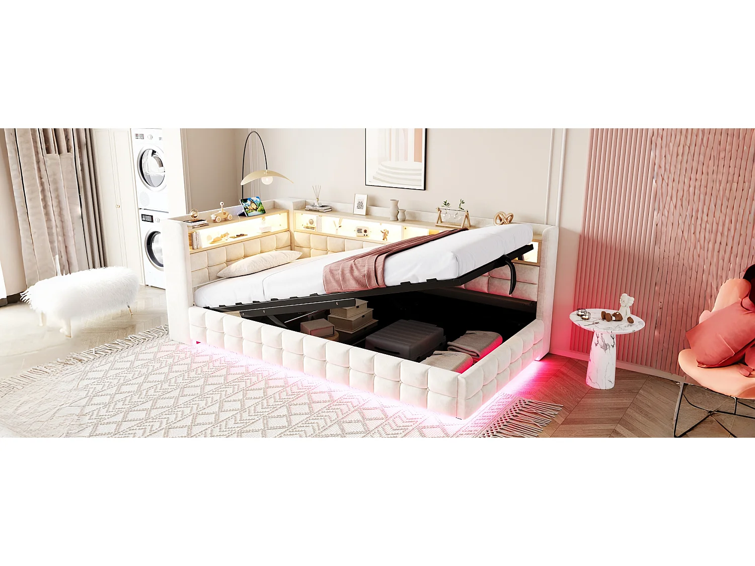 Lit coffre pour enfant - 90 x 200 cm - canapé-lit rembourré avec rangement hydraulique + étagère + Leds - velours - beige