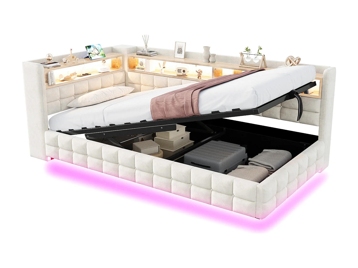 Lit coffre pour enfant - 90 x 200 cm - canapé-lit rembourré avec rangement hydraulique + étagère + Leds - velours - beige