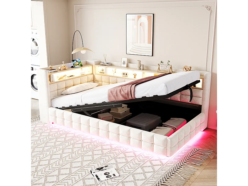 Lit coffre pour enfant - 90 x 200 cm - canapé-lit rembourré avec rangement hydraulique + étagère + Leds - velours - beige