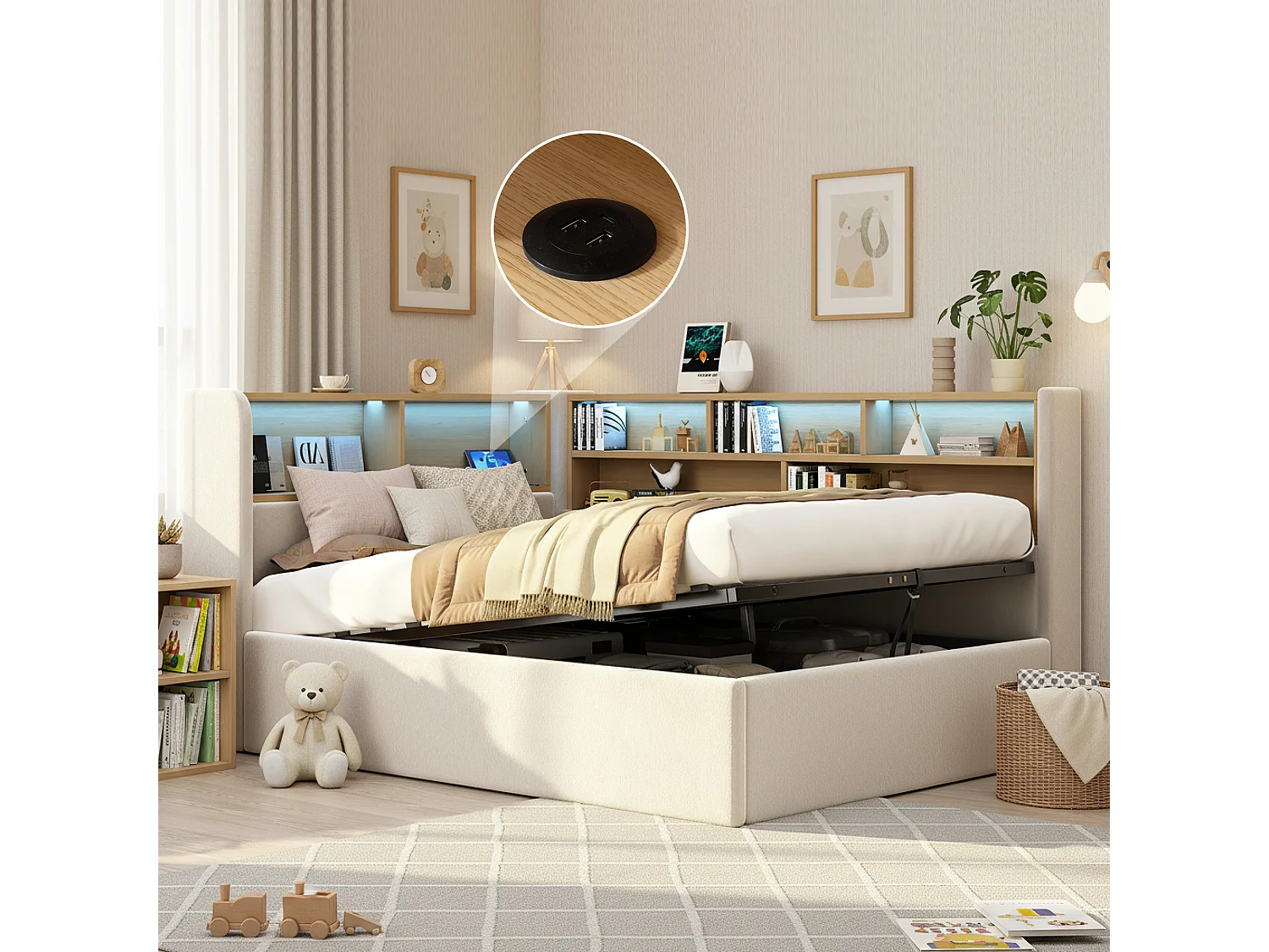 Lit coffre hydraulique pour enfant - 90 x 200 cm - canapé-lit rembourré avec étagère + Leds + USB - velours - beige