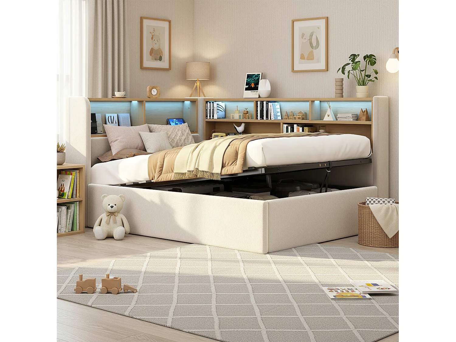 Lit coffre hydraulique pour enfant - 90 x 200 cm - canapé-lit rembourré avec étagère + Leds + USB - velours - beige