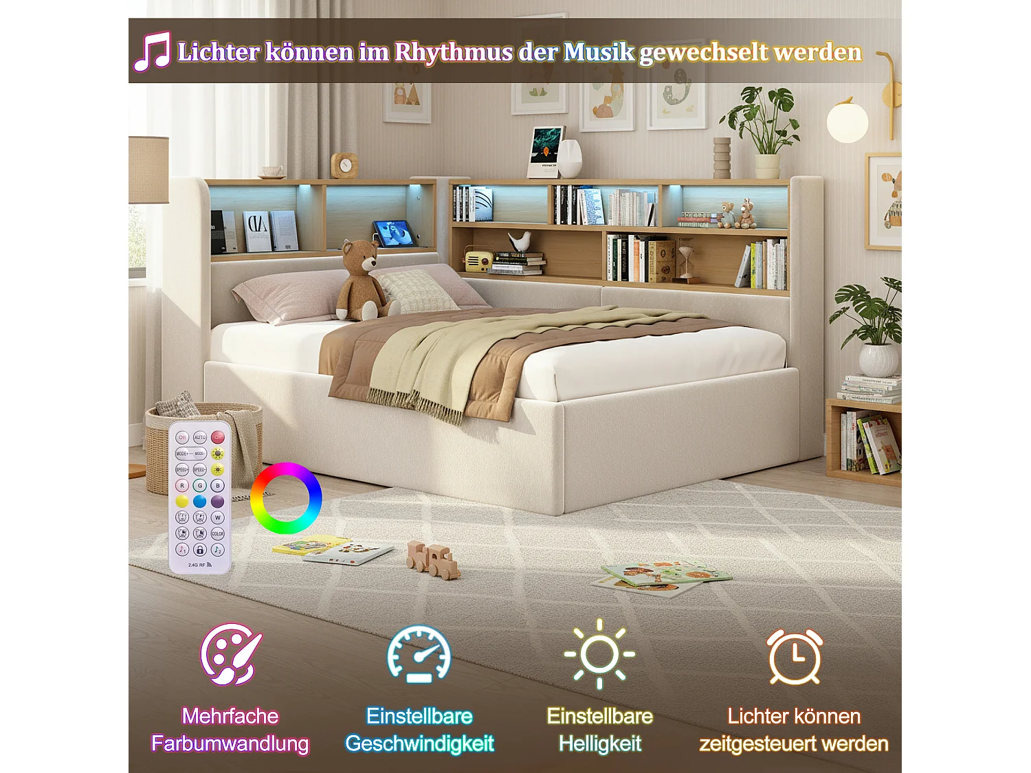 Lit coffre hydraulique pour enfant - 90 x 200 cm - canapé-lit rembourré avec étagère + Leds + USB - velours - beige