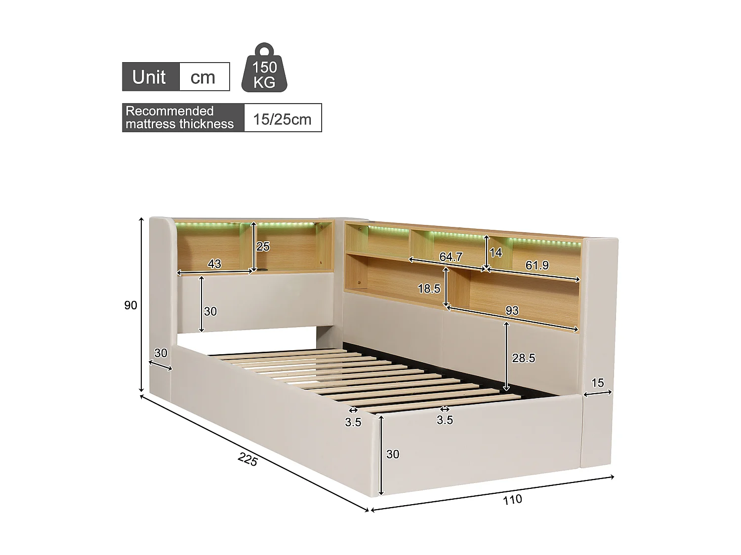 Lit coffre hydraulique pour enfant - 90 x 200 cm - canapé-lit rembourré avec étagère + Leds + USB - velours - beige