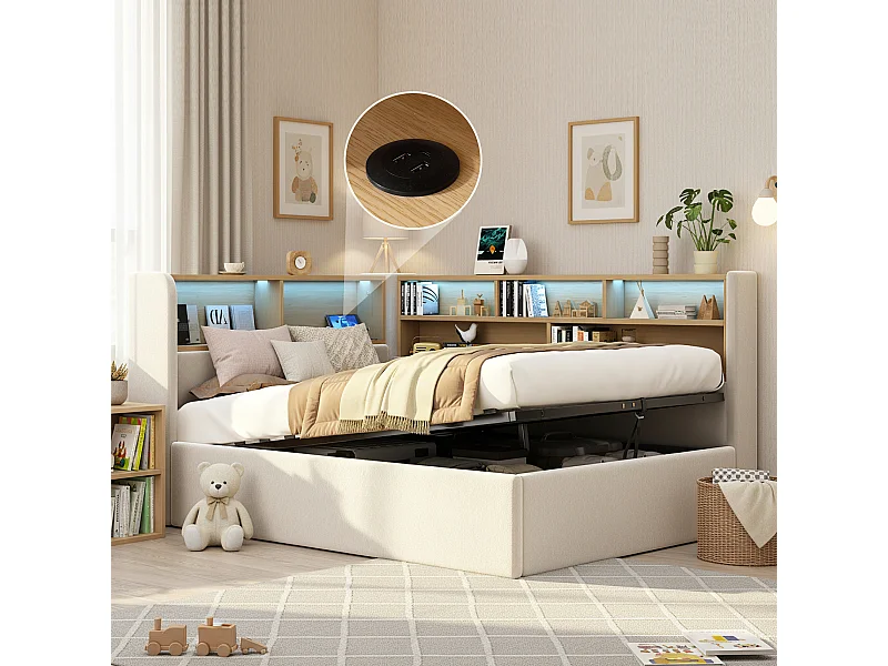 Lit coffre hydraulique pour enfant - 90 x 200 cm - canapé-lit rembourré avec étagère + Leds + USB - velours - beige