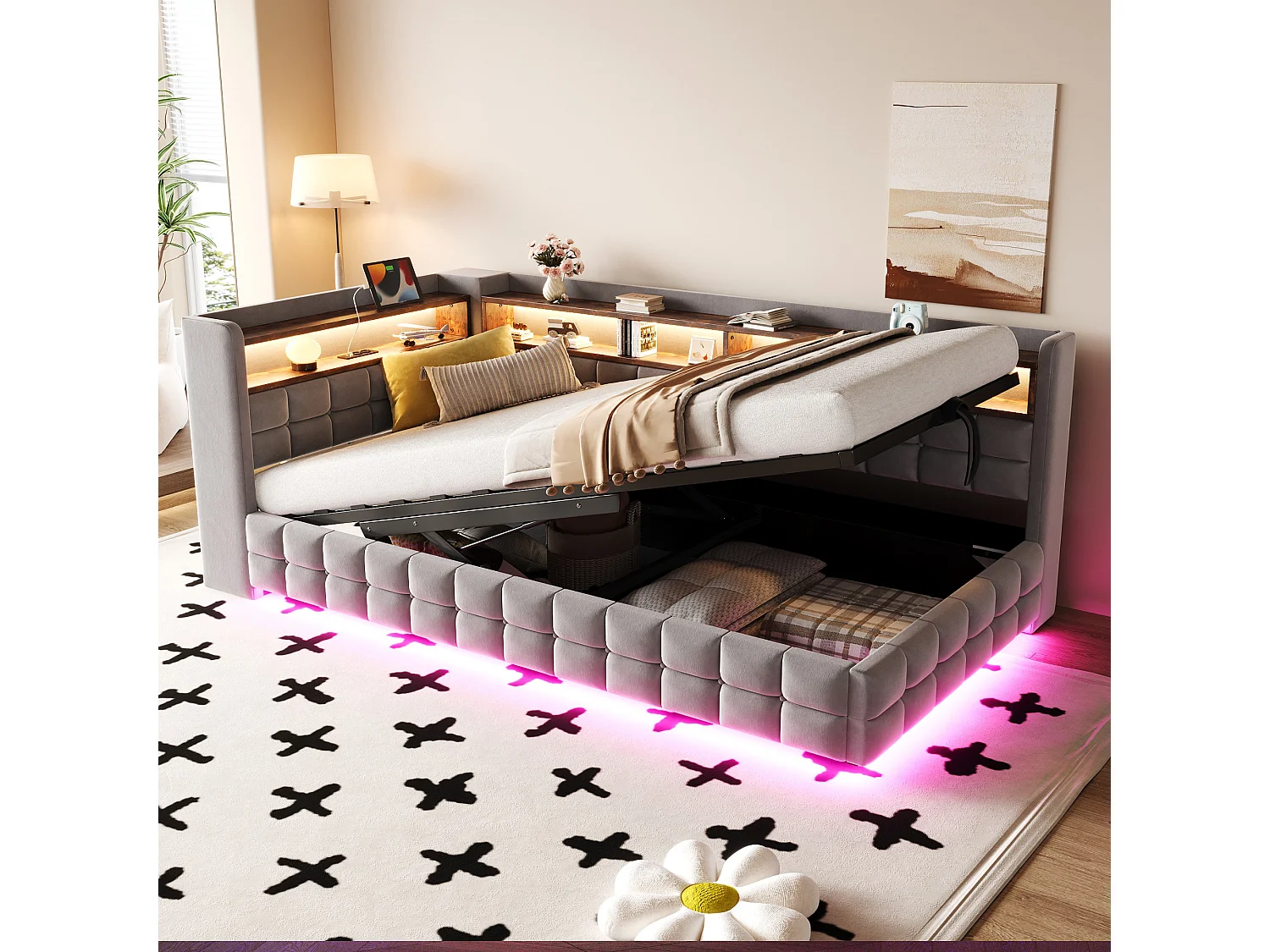 Lit coffre pour enfant - 90 x 200 cm - canapé-lit rembourré avec rangement hydraulique + étagère + Leds - velours - gris clair