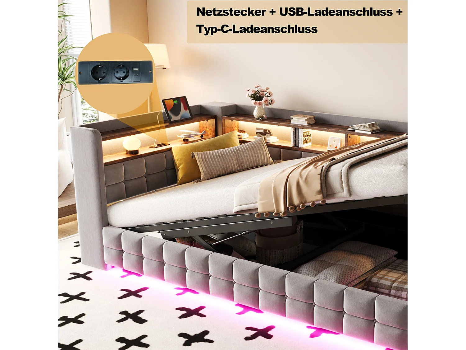 Lit coffre pour enfant - 90 x 200 cm - canapé-lit rembourré avec rangement hydraulique + étagère + Leds - velours - gris clair