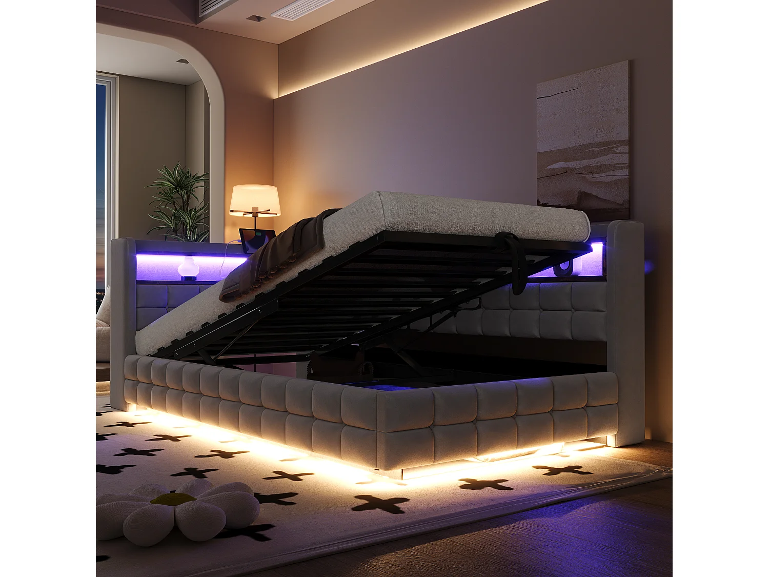 Lit coffre pour enfant - 90 x 200 cm - canapé-lit rembourré avec rangement hydraulique + étagère + Leds - velours - gris clair