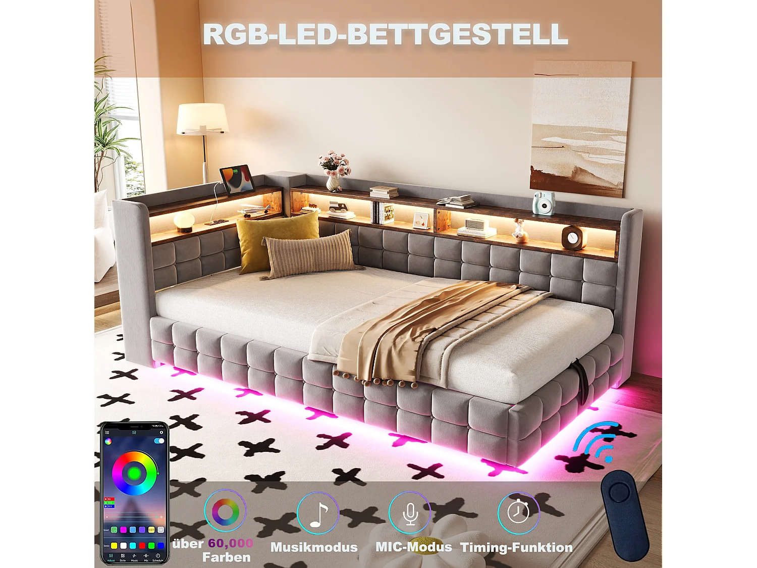 Lit coffre pour enfant - 90 x 200 cm - canapé-lit rembourré avec rangement hydraulique + étagère + Leds - velours - gris clair