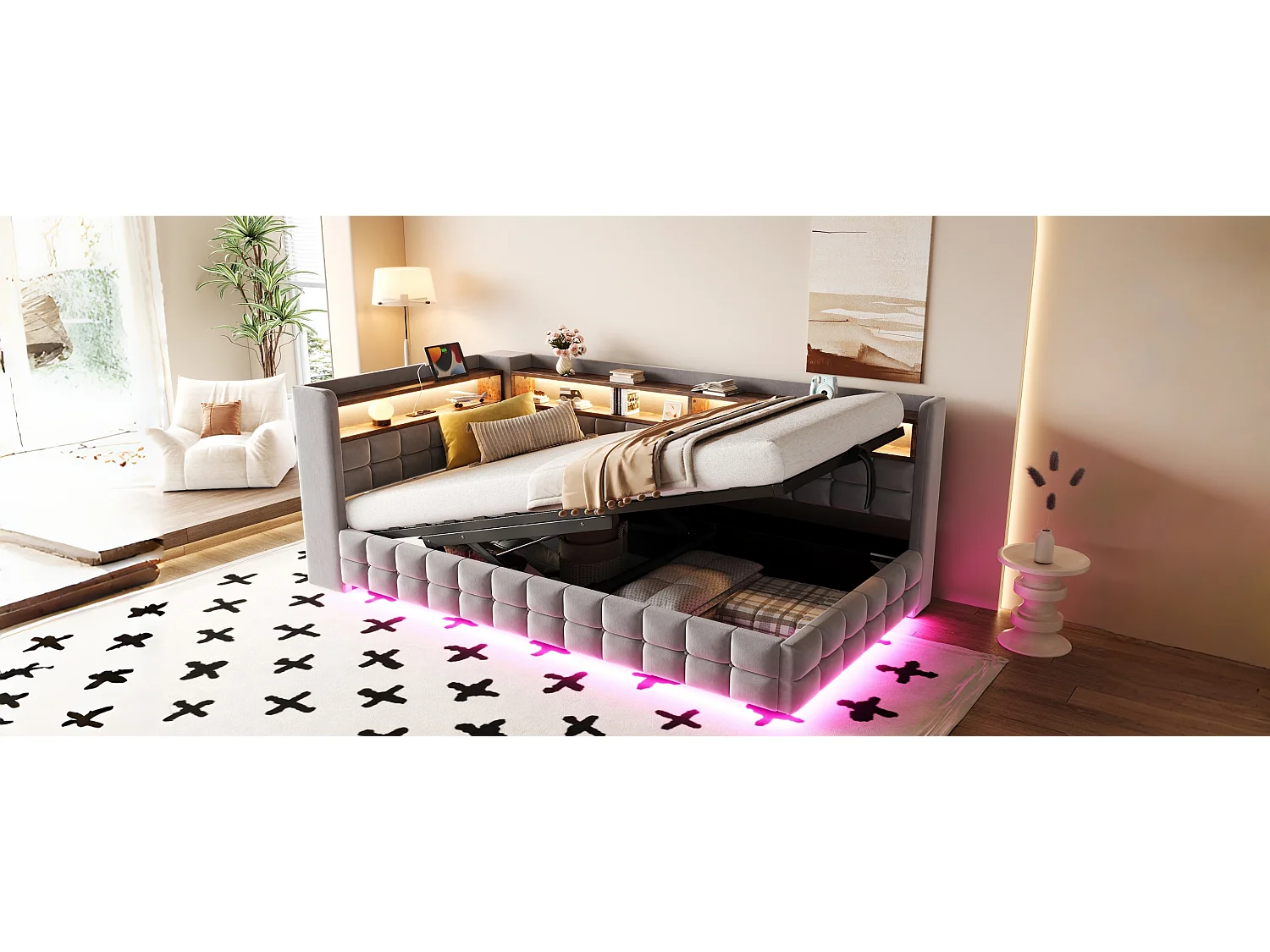 Lit coffre pour enfant - 90 x 200 cm - canapé-lit rembourré avec rangement hydraulique + étagère + Leds - velours - gris clair