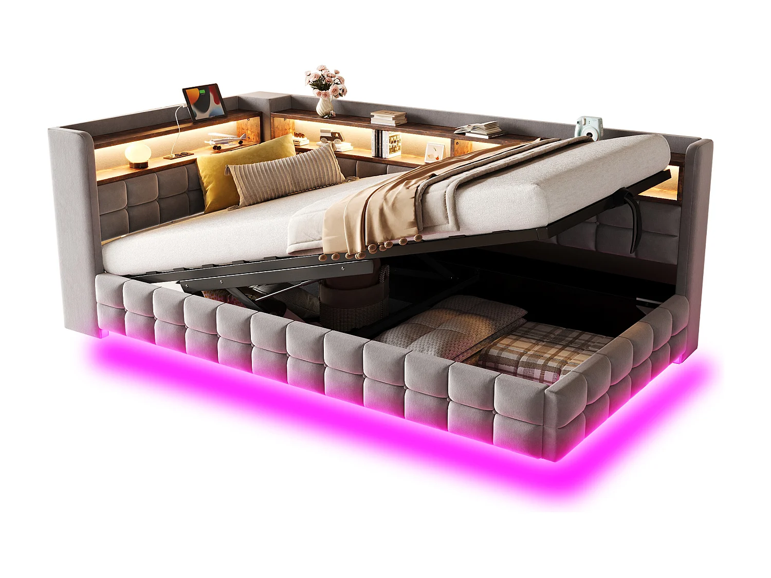 Lit coffre pour enfant - 90 x 200 cm - canapé-lit rembourré avec rangement hydraulique + étagère + Leds - velours - gris clair