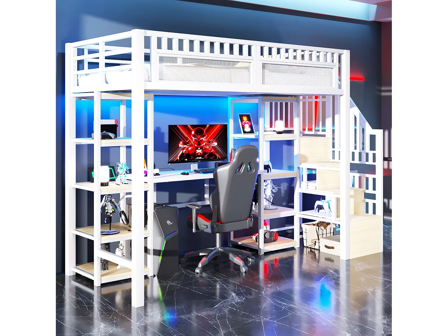 Lit mezzanine enfant - 90 x 200 cm - structure en fer - avec bureau + Leds + USB + étagère + eacalier de rangement - métal - blanc