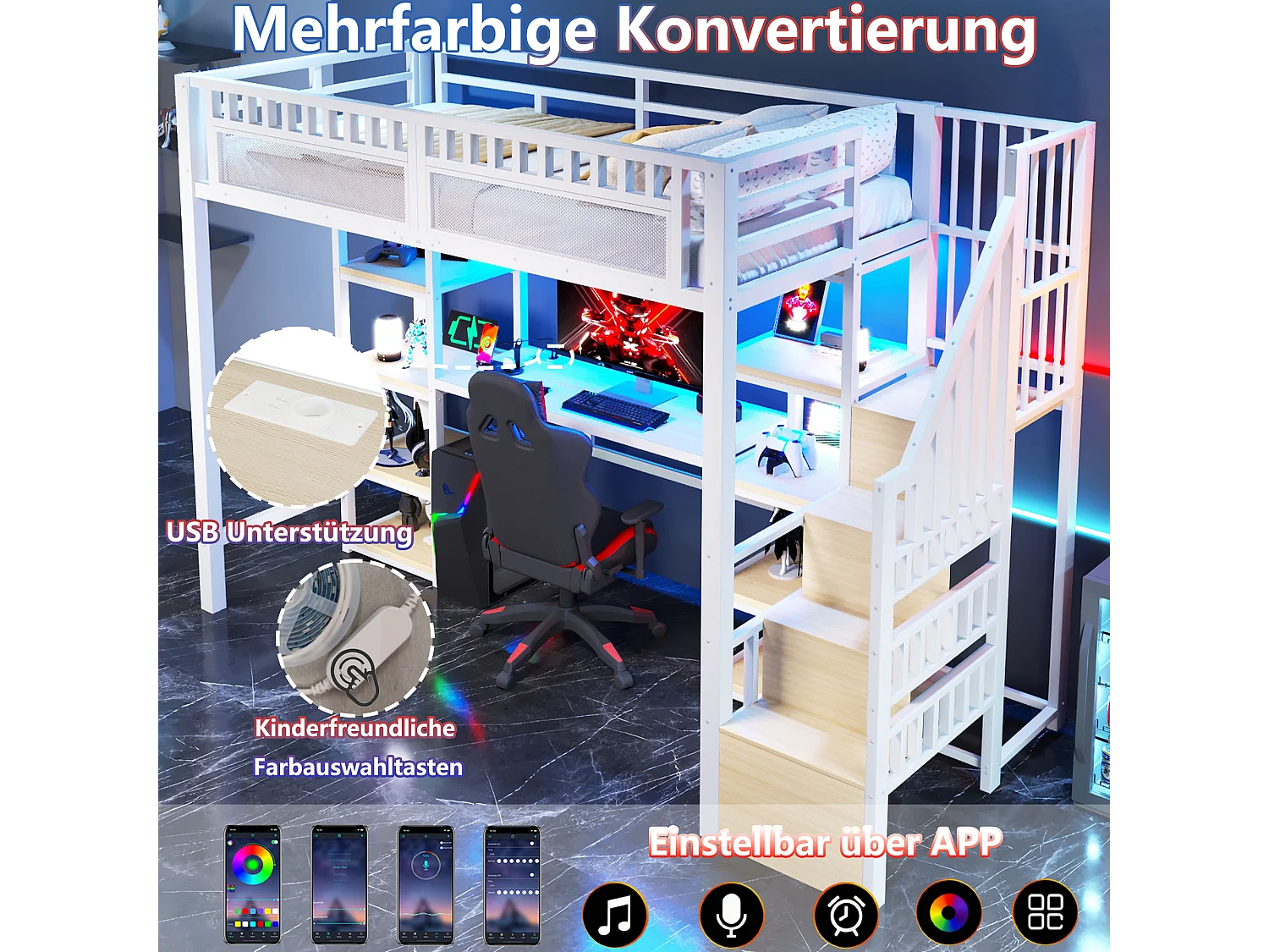 Lit mezzanine enfant - 90 x 200 cm - structure en fer - avec bureau + Leds + USB + étagère + eacalier de rangement - métal - blanc