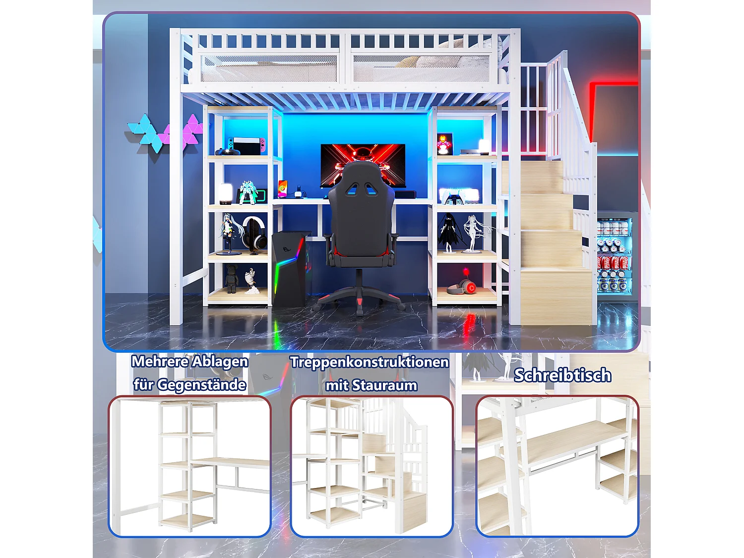 Lit mezzanine enfant - 90 x 200 cm - structure en fer - avec bureau + Leds + USB + étagère + eacalier de rangement - métal - blanc