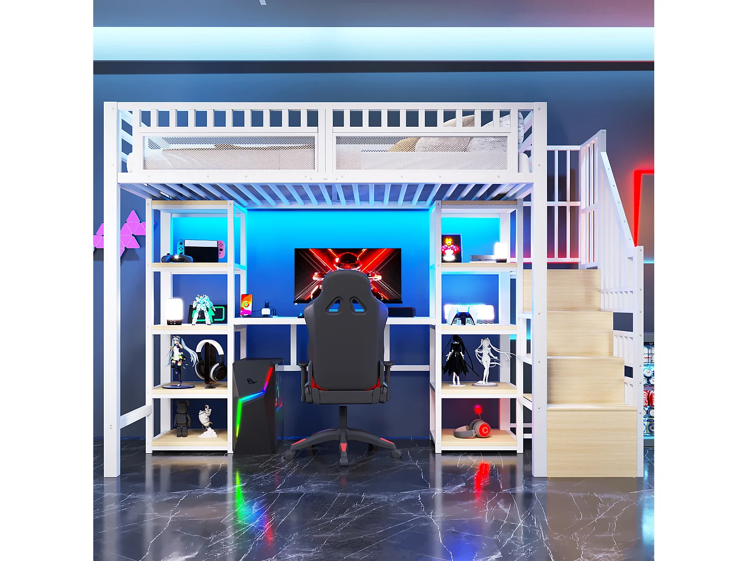 Lit mezzanine enfant - 90 x 200 cm - structure en fer - avec bureau + Leds + USB + étagère + eacalier de rangement - métal - blanc