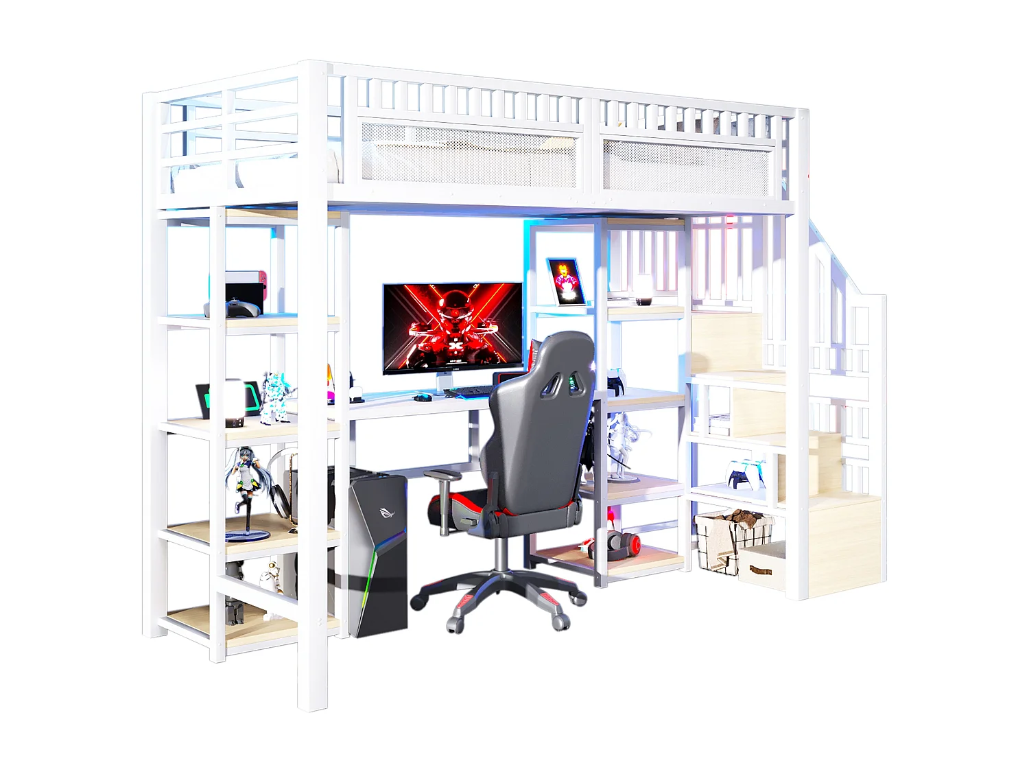 Lit mezzanine enfant - 90 x 200 cm - structure en fer - avec bureau + Leds + USB + étagère + eacalier de rangement - métal - blanc