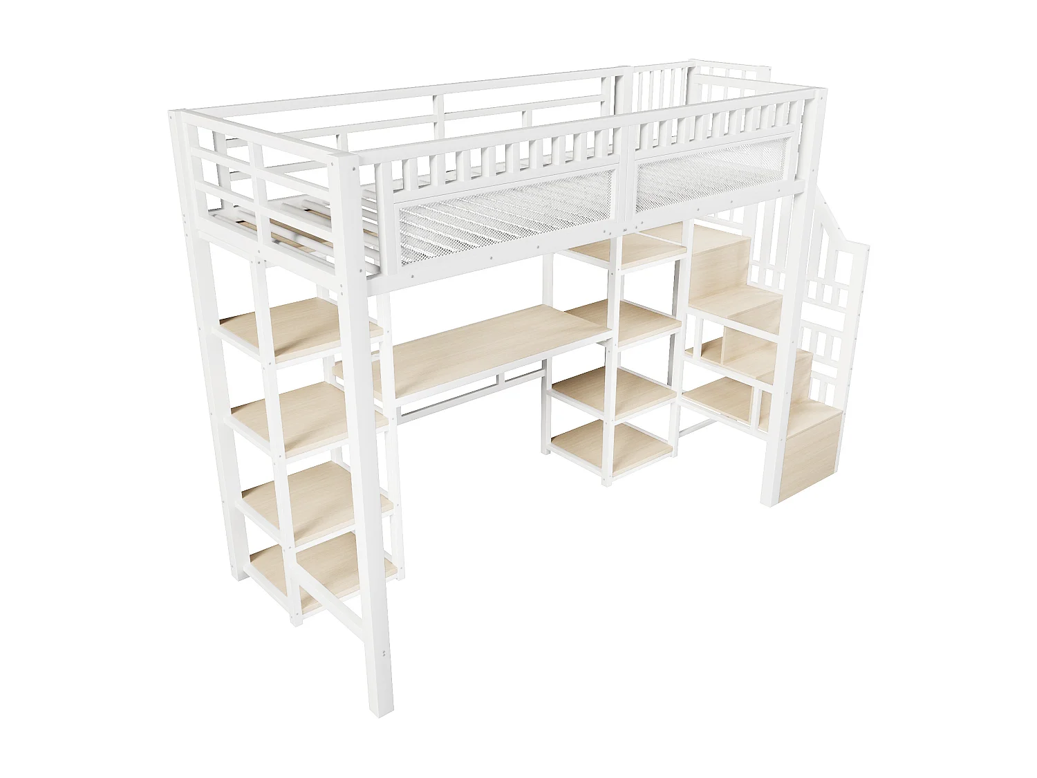 Lit mezzanine enfant - 90 x 200 cm - structure en fer - avec bureau + Leds + USB + étagère + eacalier de rangement - métal - blanc