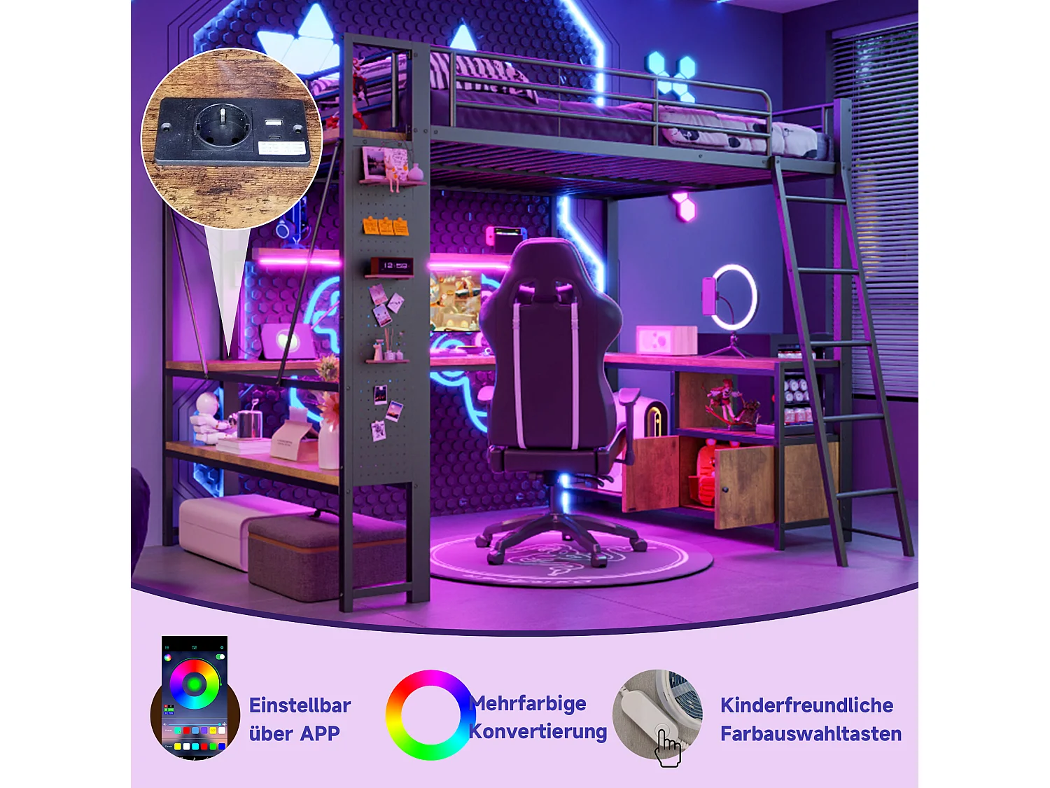 Lit mezzanine enfant - 90 x 200 cm - structure en fer - avec Leds + bureau + étagère de rangement + USB - métal - noir