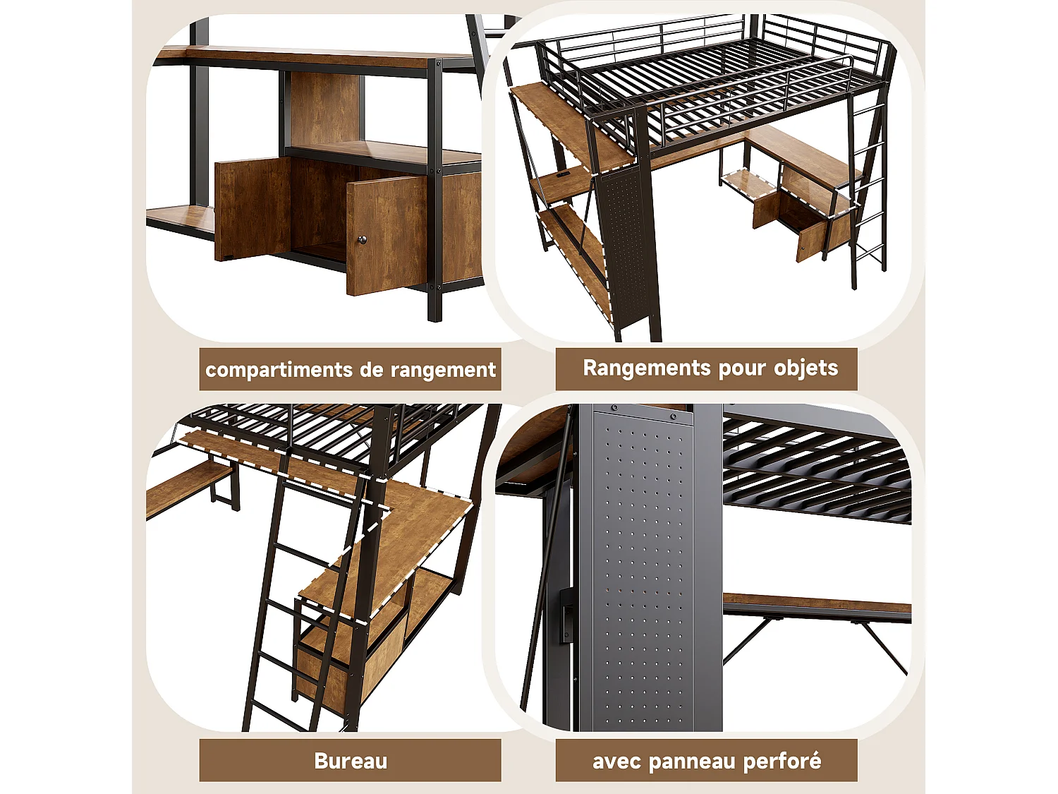 Lit mezzanine enfant - 90 x 200 cm - structure en fer - avec Leds + bureau + étagère de rangement + USB - métal - noir