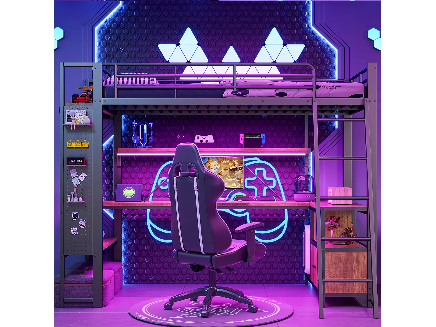 Lit mezzanine enfant - 90 x 200 cm - structure en fer - avec Leds + bureau + étagère de rangement + USB - métal - noir