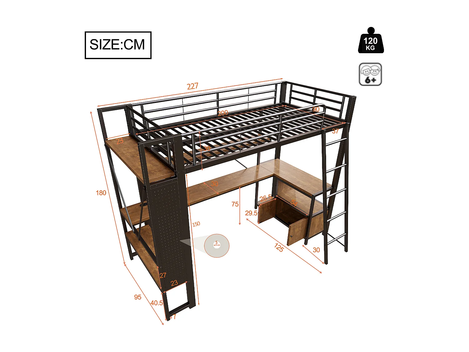 Lit mezzanine enfant - 90 x 200 cm - structure en fer - avec Leds + bureau + étagère de rangement + USB - métal - noir