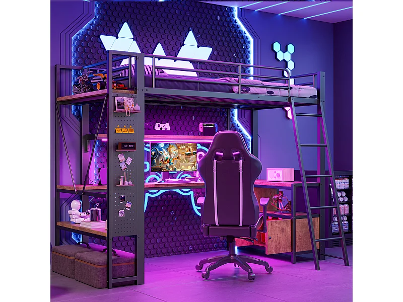 Lit mezzanine enfant - 90 x 200 cm - structure en fer - avec Leds + bureau + étagère de rangement + USB - métal - noir
