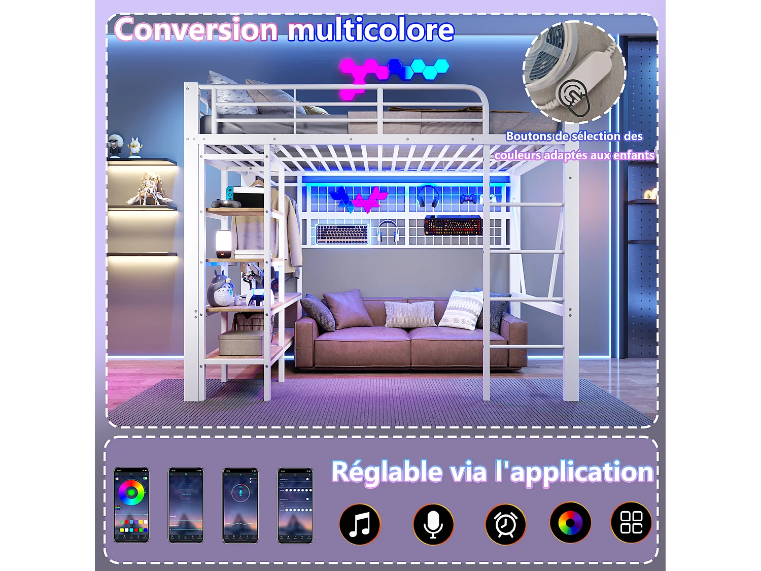 Lit mezzanine enfant - 140 x 200 cm - structure en fer - avec étagère de rangement + tringle à vêtements + Leds - métal - blanc